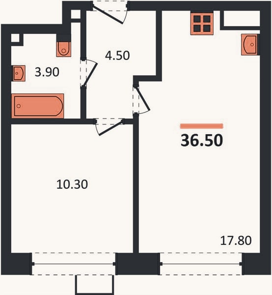 Планировка: 1-к, 36,5 м²