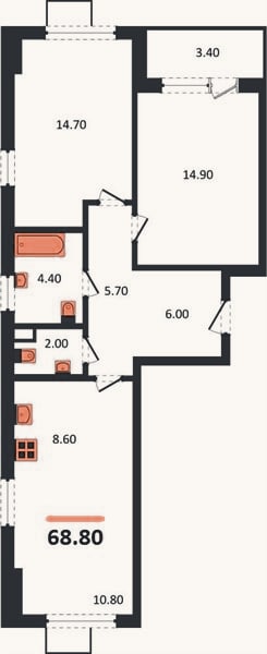 Планировка: 2-к, 68,8 м²
