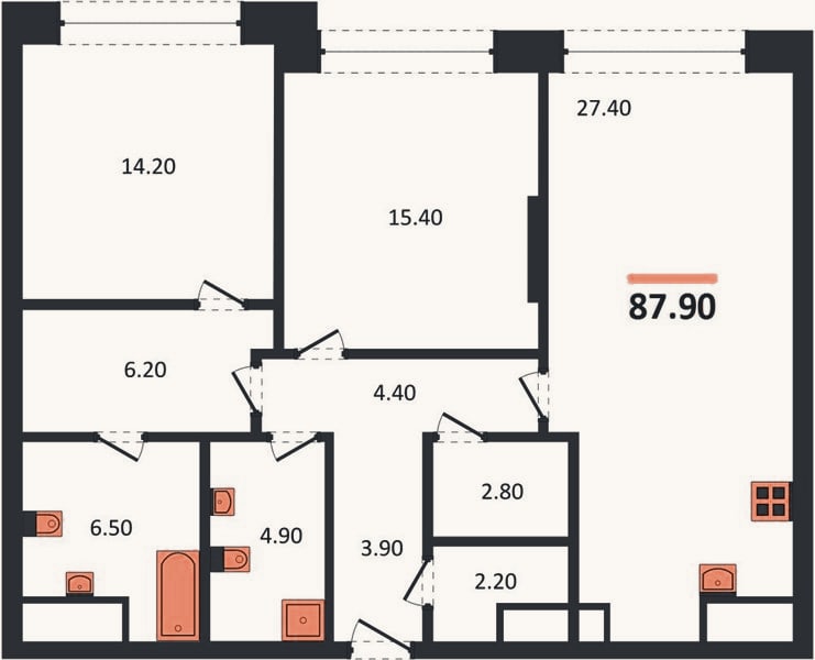 Планировка: 2-к, 87,9 м²