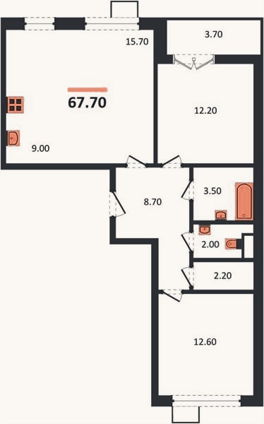 Планировка: 2-к, 67,7 м²
