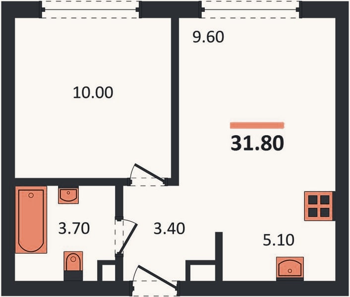 Планировка: 1-к, 31,8 м²