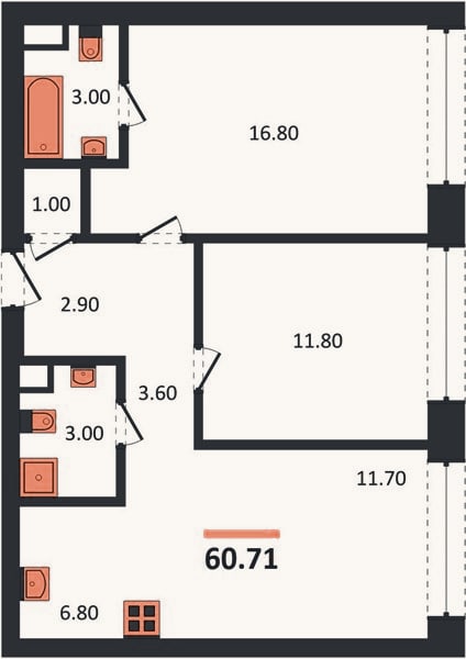 Планировка: 2-к, 60,7 м²