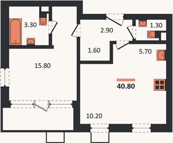 Планировка: 1-к, 40,8 м²