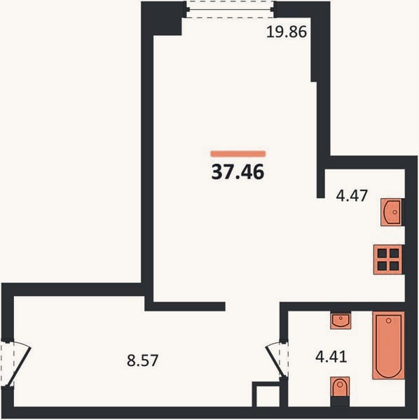 Планировка: Студия, 37,5 м²