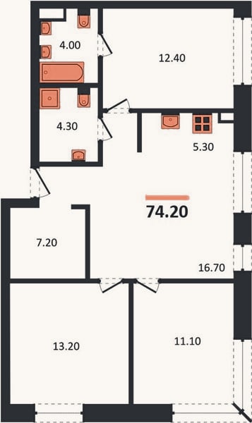 Планировка: 3-к, 74,2 м²