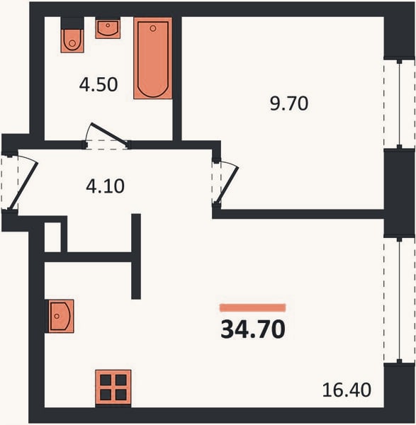 Планировка: 1-к, 34,7 м²
