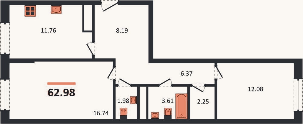 Планировка: 2-к, 63 м²