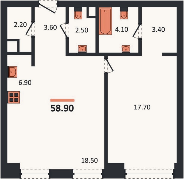 Планировка: 1-к, 58,9 м²
