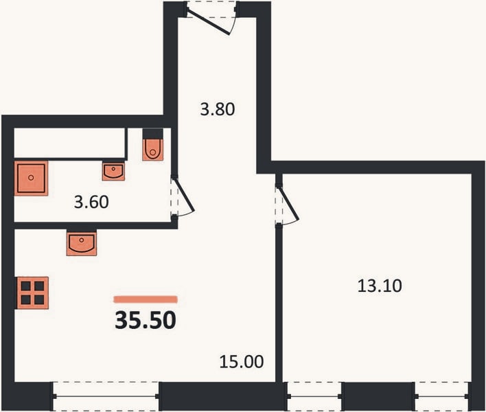 Планировка: 1-к, 35,5 м²