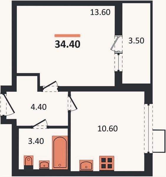 Планировка: 1-к, 34,4 м²