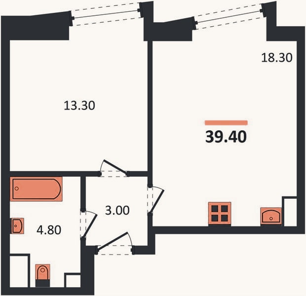 Планировка: 1-к, 39,4 м²