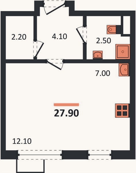 Планировка: Студия, 27,9 м²