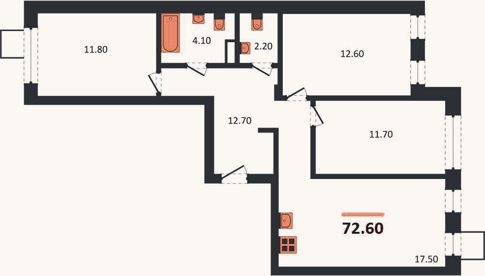 Планировка: 3-к, 72,6 м²
