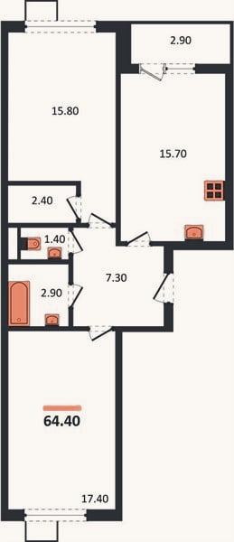 Планировка: 2-к, 64,4 м²