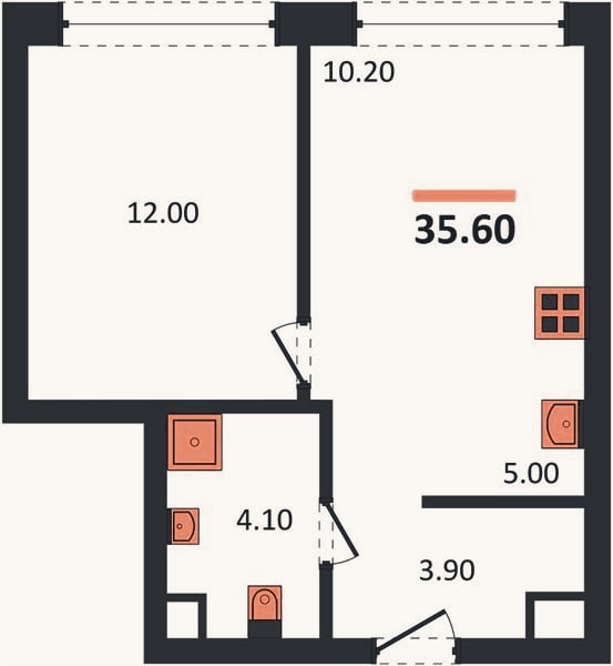 Планировка: 1-к, 35,6 м²