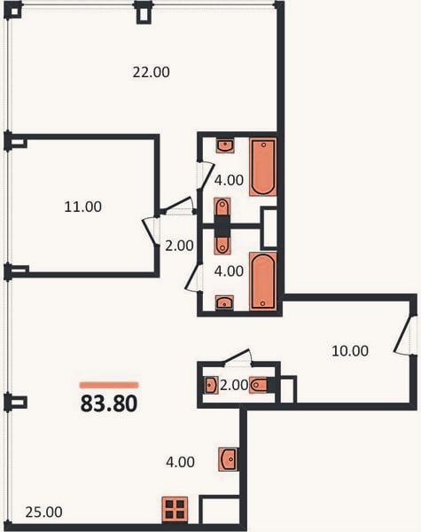 Планировка: 2-к, 83,8 м²