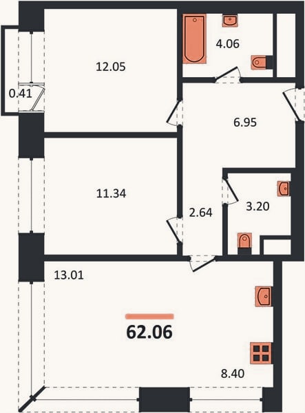 Планировка: 2-к, 62,1 м²