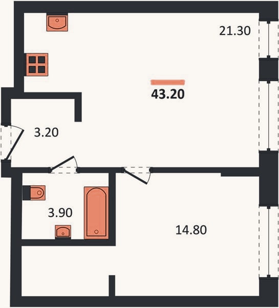 Планировка: 1-к, 43,2 м²