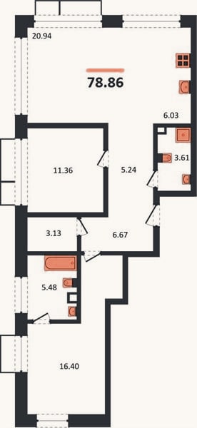 Планировка: 2-к, 78,9 м²