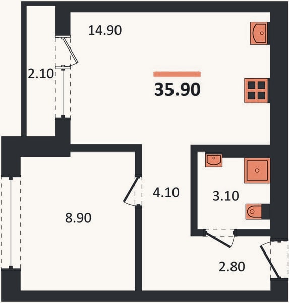 Планировка: 1-к, 35,9 м²