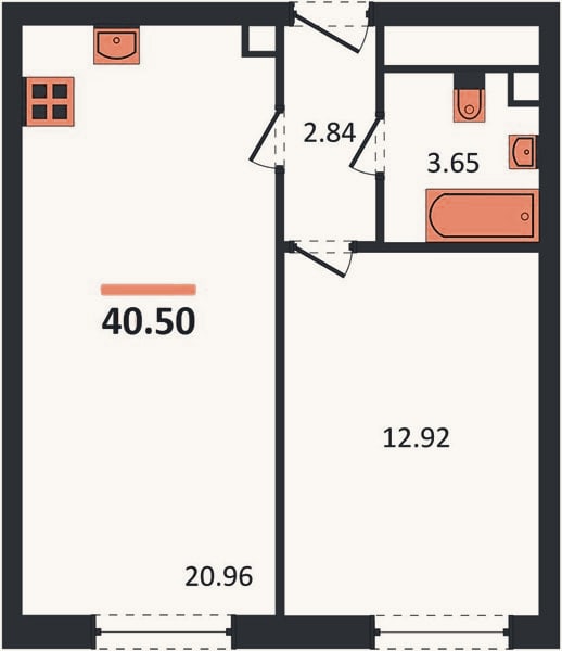 Планировка: 1-к, 40,5 м²