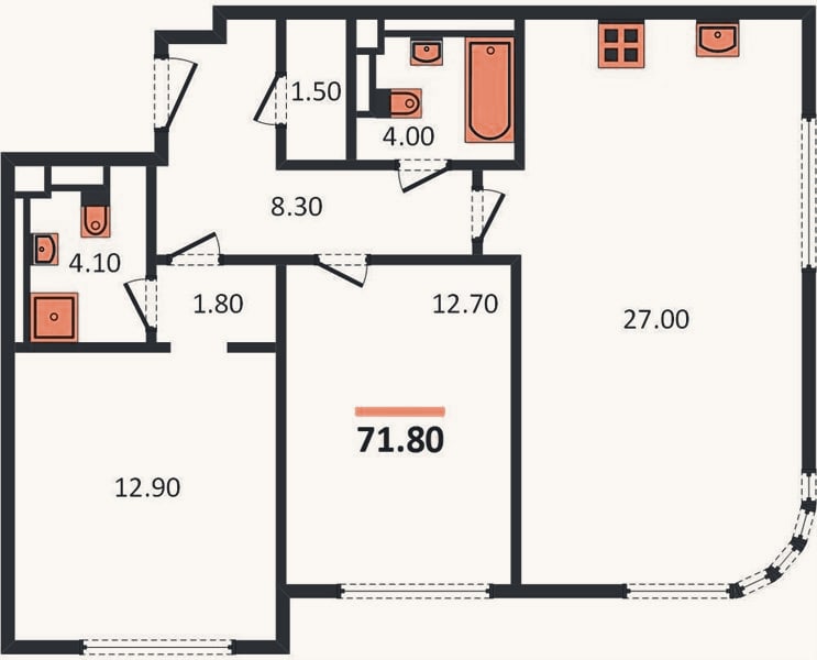 Планировка: 2-к, 71,8 м²