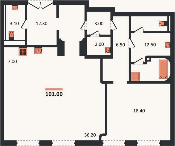 Планировка: 1-к, 101 м²
