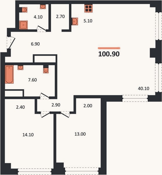 Планировка: 2-к, 100,9 м²