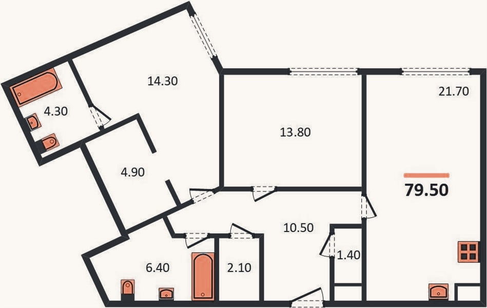Планировка: 2-к, 79,2 м²