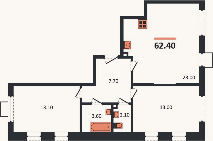 Планировка: 2-к, 62,2 м²