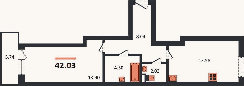 Планировка: 1-к, 42 м²