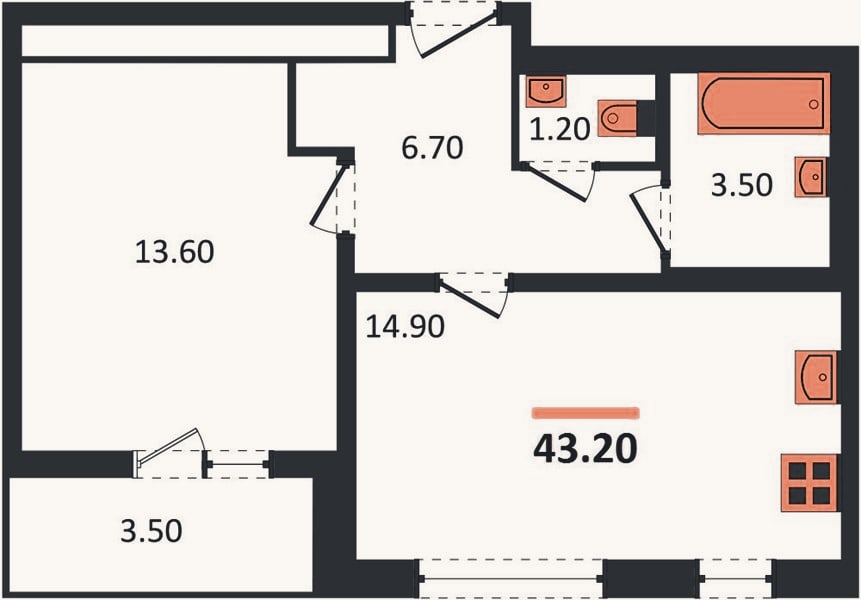 Планировка: 1-к, 43,2 м²