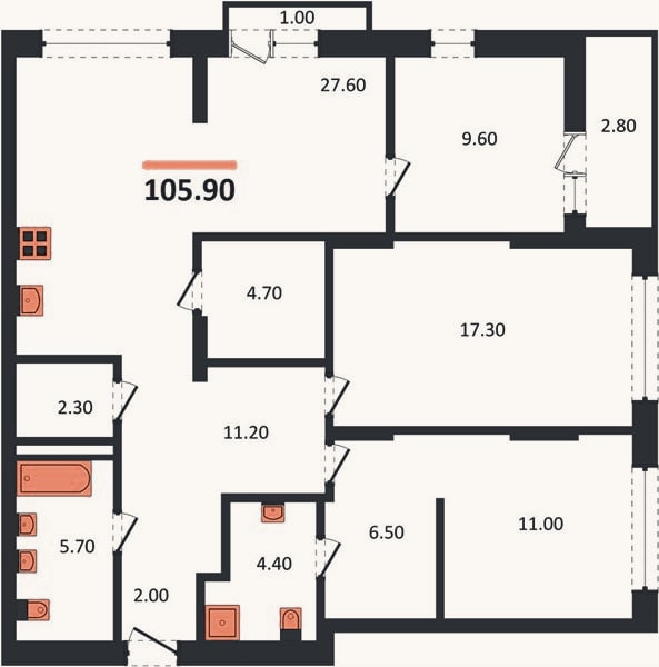 Планировка: 3-к, 105,9 м²