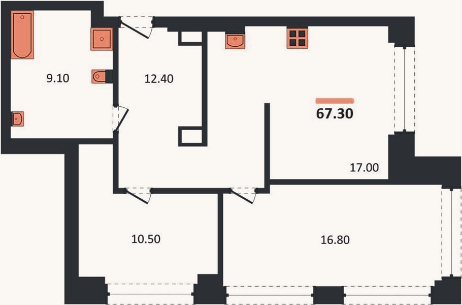 Планировка: 2-к, 67,3 м²