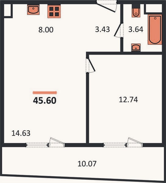 Планировка: 1-к, 45,6 м²