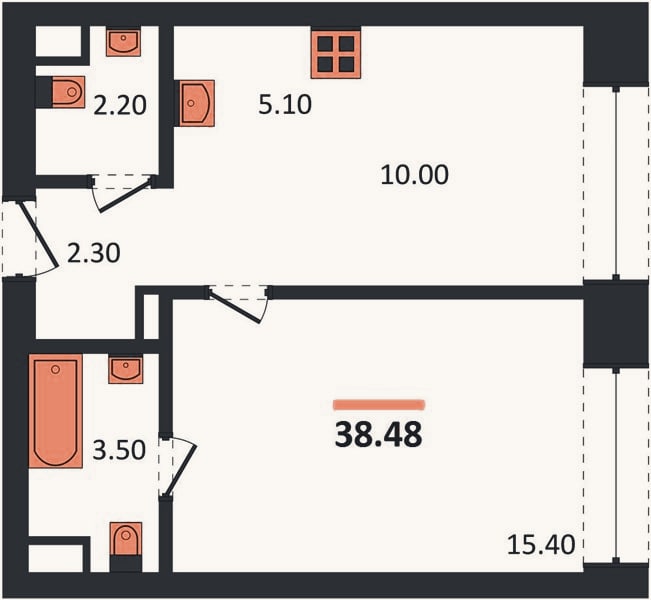 Планировка: 1-к, 38,5 м²