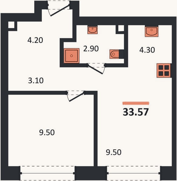 Планировка: 1-к, 33,6 м²