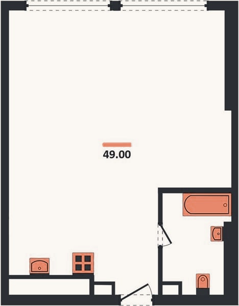 Планировка: 1-к, 49 м²