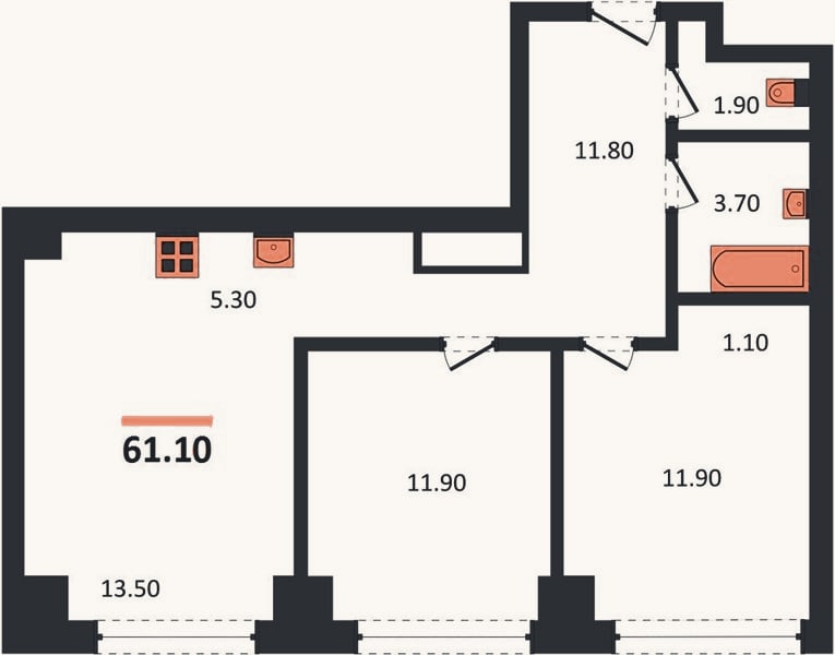 Планировка: 2-к, 61,1 м²