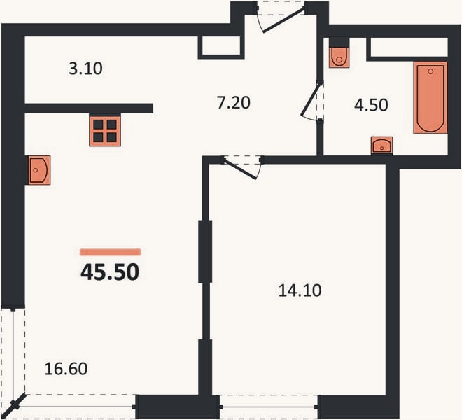 Планировка: 1-к, 45,5 м²
