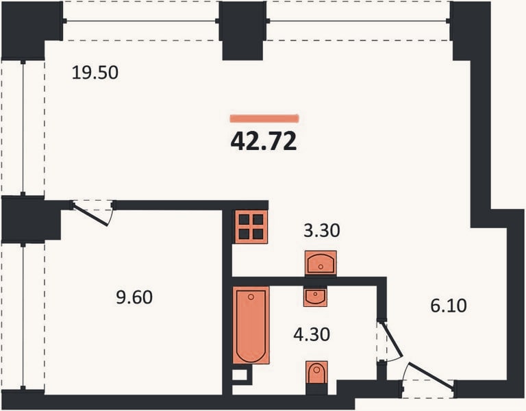 Планировка: 1-к, 42,7 м²