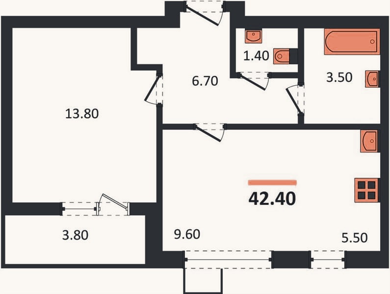 Планировка: 1-к, 42,4 м²