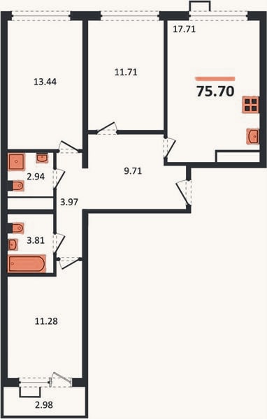Планировка: 3-к, 75,7 м²
