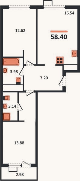 Планировка: 2-к, 58,4 м²