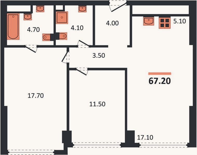 Планировка: 2-к, 67,2 м²