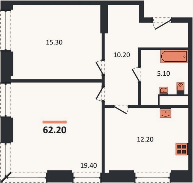 Планировка: 2-к, 62,2 м²