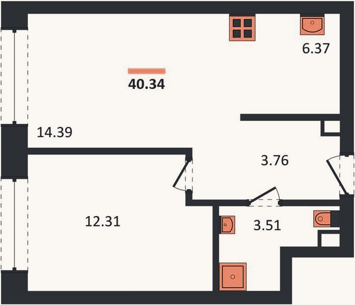 Планировка: 1-к, 40,3 м²