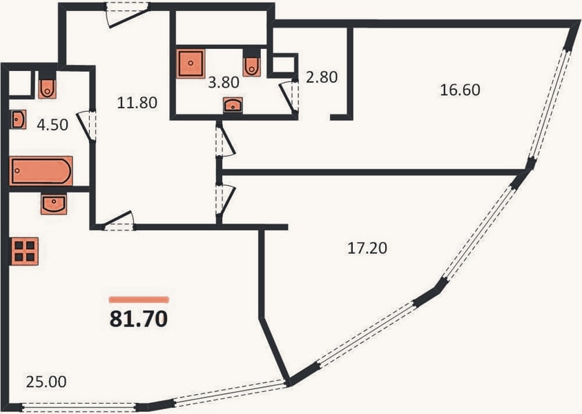 Планировка: 2-к, 81,7 м²