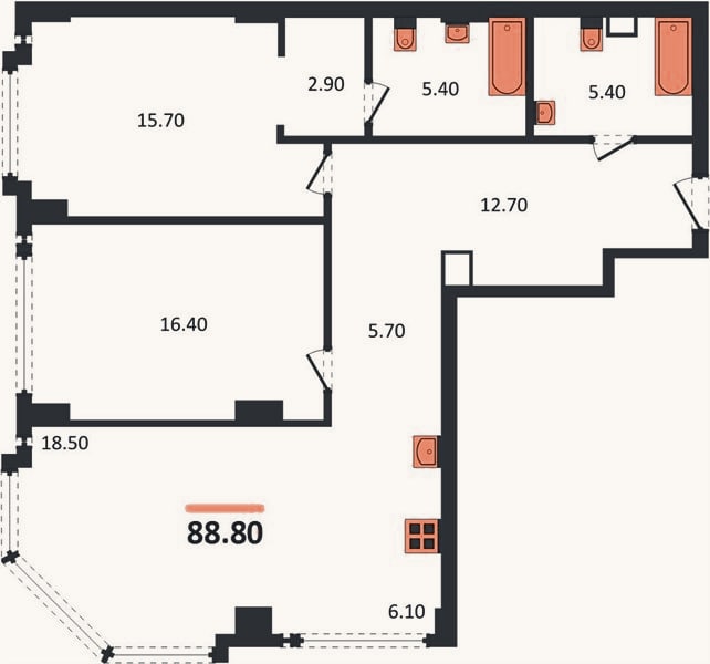 Планировка: 2-к, 88,8 м²