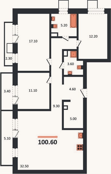 Планировка: 3-к, 100,6 м²